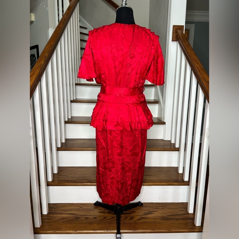 Vintage 80s Red Silk Peplum Dress Midi Belted Cocktail Party Size 12 - Picture 7 of 9